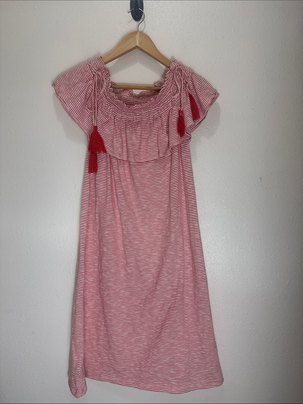 LOFT Red Stripe Off-Shoulder Dress with Tassel Ties, Size XS